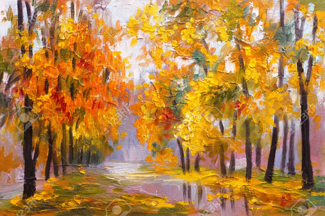 oil painting landscape – autumn forest, full of fallen leaves, c